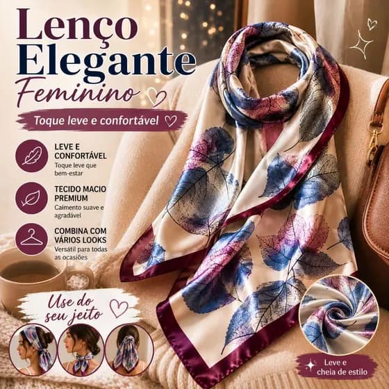 Lenço Quadrado Feminino 90x90cm Toque de Seda Estilo Elegante Versátil