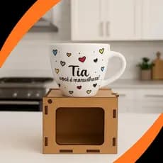 Caneca Xícara Personalizada para Tia em Porcelana 75ml com Caixinha Decorativa MDF presente tia