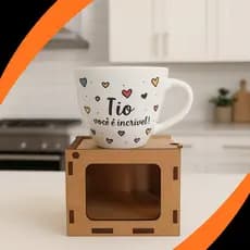 Caneca Xícara Personalizada Pessoa Tio em Porcelana 75ml com Caixinha Decorativa MDF presente tio