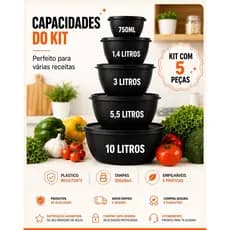 Kit Bowl 5 Peças Com Tampa Bacia Plástica Saladeira Grande Cozinha 10 litros TAPOER GRANDE