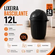Lixeira 12 Litros Preta com Tampa Basculante | Ideal para Banheiro, Cozinha e Escritório