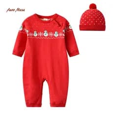 Outono inverno bebê macacão de malha masculino feminino bebê camisola de uma peça grande vermelho festivo natal ano novo
