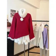 Kumikumi ano novo atmosfera gola de pele cachecol camisola feminina verão novo estilo solto temperamento vermelho malha