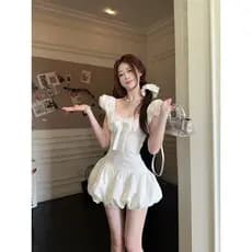 Branco primeiro amor estilo doce rendas manga Puff vestido de princesa feminino verão cintura estreita mais magro olhar