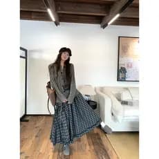 Kumikumi Retro terno torção camisola de malha Cardigan feminino verão saia xadrez grande balanço saia terno de duas peça