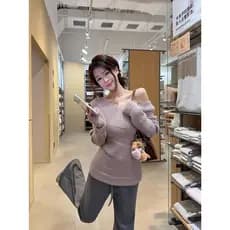 Estilo suave temperamento suéter de ombro cruzado de manga comprida suéter roxo feminino início da primavera cintura alt