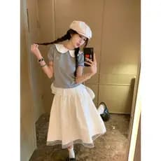 Estilo doce terno gola boneca redução de idade camiseta de manga curta feminina verão gaze branca costura saia dois @