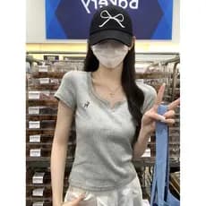 Cinza doce estilo Design sentir meia gola aberta veado bordado camiseta de manga curta feminina verão S