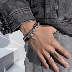 Nova pulseira masculina estilo europeu e americano com pedras foscas em formato de mapa, com contas em dupla camada e fe