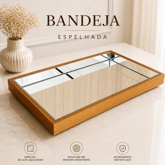 Bandeja Espelhada Decorativa amadeirada Luxo Para Sala Banheiro Aparador Penteadeira Hall
