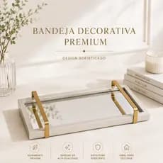 Bandeja Decorativa Espelhada Off White Premium com Alças Douradas para Sala, Lavabo e Aparador