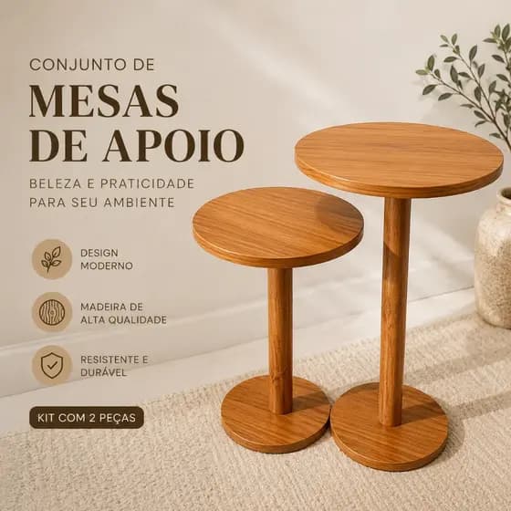 Kit 2 Mesas de Apoio Redonda Amadeirada Decorativa Moderna MDF