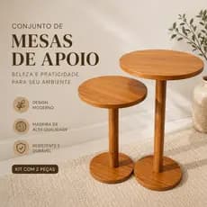 Kit 2 Mesas de Apoio Redonda Amadeirada Decorativa Moderna MDF
