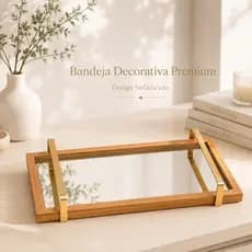 Bandeja Decorativa Espelhada com Alças Douradas e Moldura Madeira Premium para Sala Lavabo e Decoração