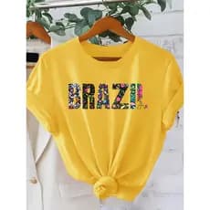 Camiseta Blusinha Feminina Brasil Floral Casual Básica Manga Curta Algodão Premium Flores Torcida
