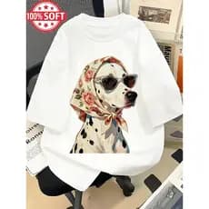 Camiseta Feminina Dalmata Lenco Floral Oculos Cute Kawaii Aesthetic Tumblr Estampada Tecido Macio