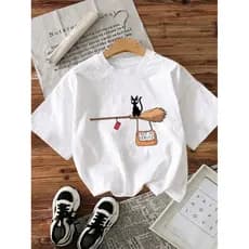 Camiseta Feminina Kiki Gato Preto Estampa Minimalista Studio Ghibli Algodão Casual Confortável