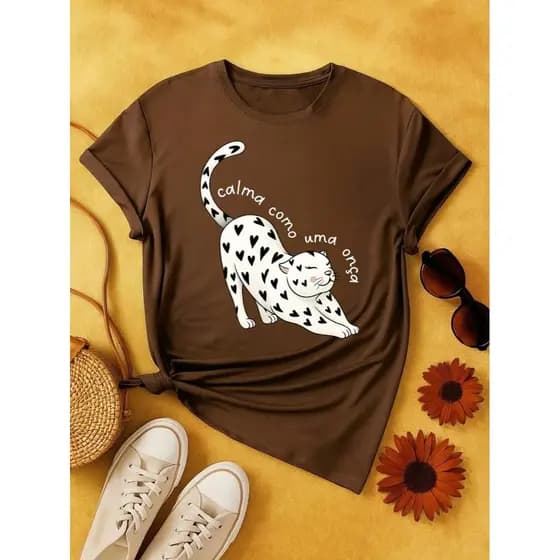 T-Shirt Feminina Gatinho Fofo Frase Divertida Casual Básica Fashion Estilo Minimalista Engraçada