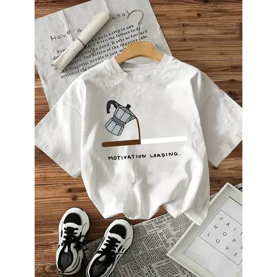 Camiseta Feminina Café Motivation Loading Casual Básica Estilo Cute Fashion Moderna Chic T-Shirt