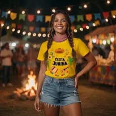 Camiseta Feminina Festa Junina Estampa Circular Colorida Cute Arraial Sao Joao Tecido Macio