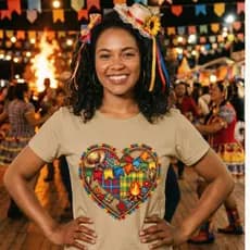 Camiseta Feminina Coracao Retalhos Festa Junina Colorido Cute Arraial Sao Joao Tecido Macio