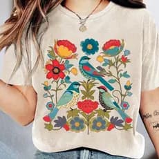 Camiseta Feminina Estampa Floral Artística Natureza Folk Algodão Casual Confortável Estilo