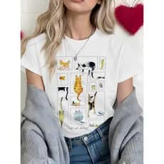 Camiseta Feminina Estampa Gatos Artísticos Casual Streetwear Minimalista Estética Tumblr