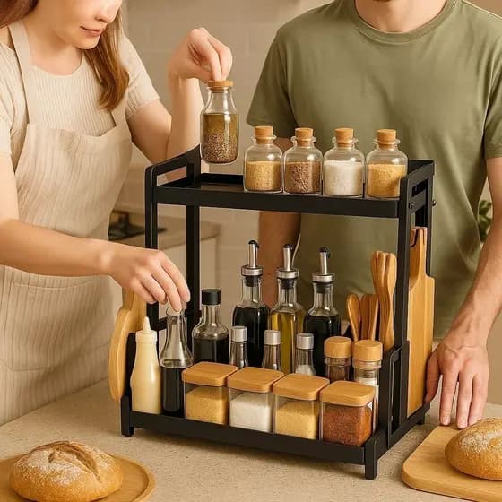 Organizador Frasco Cozinha Preto Potes Tempero Rack Gancho Prateleira Bancada