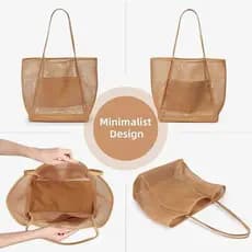 Bolsa de praia dobrável em malha, bolsa de ombro feminina, bolsa essencial para viagens ao ar livre no verão.