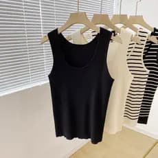 Colete feminino listrado francês de seda gelada sem mangas estilo curto estilingue interno