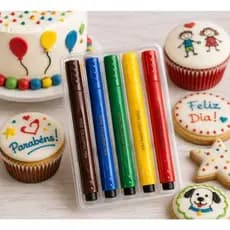 KIT C/5 Canetas de Tinta Alimentícia Comestível Coloridas Pretas - Artigo de Cozinha Confeitaria