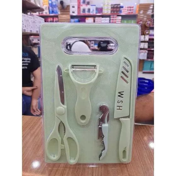 Kit Culinário 4 Peças Faca Descascador Tesoura Abridor de Vinho Tabua Corte Carne