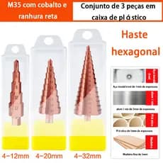 Jogo de 3 Brocas Escalonadas M35 com Cobalto, Conjunto para Metal, Inox e Madeira