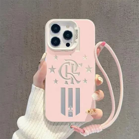 Capinha cordão para iPhone 11 12 13 14 15 16 17 Pro Max Plus Samsung S25 S24 S23 A15 A36 Rosa Futebol