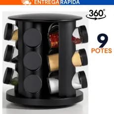 Porta Temperos Giratório 9 Potes Profissional Vidro Tampa Dosadora Preto Condimento Premium PROMOÇÃO
