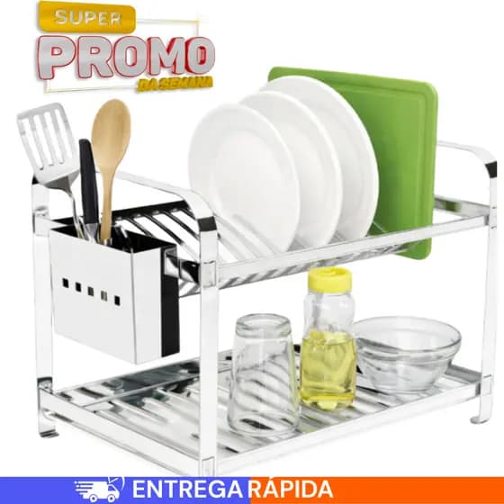 Escorredor de Louca 16 Pratos com Bandeja e Porta Talheres Aço Inox PROMOÇÃO LIMITADA