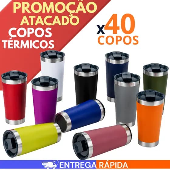Kit 40/20/10 Copos Térmicos inox 473ml Com Tampa e Abridor Isolamento Termico Atacado PROMOÇÃO
