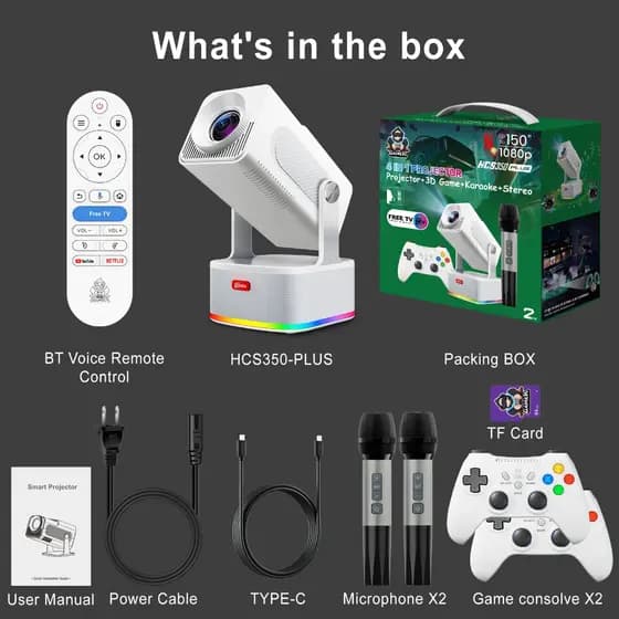 Projetor 6 em 1: Cinema, TV , Jogos, Karaokê e Som Potente!Controle remoto por voz