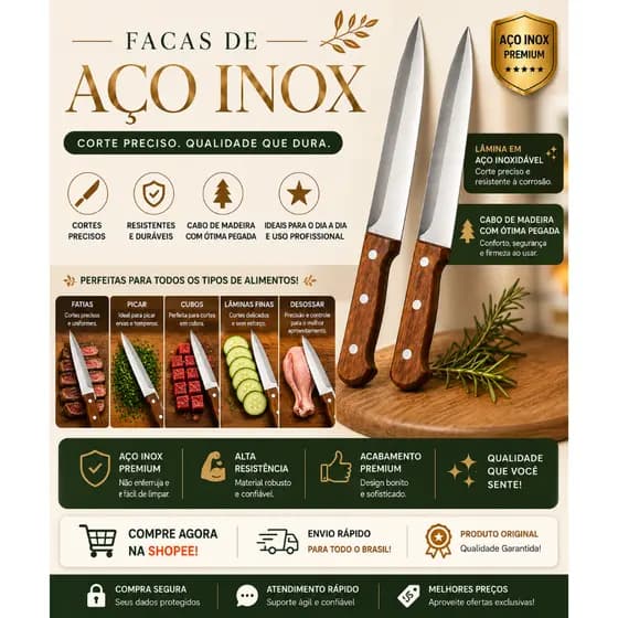 Facas Churrasco Kit 3 Chef Inox Cabo Madeira Corte Preciso Carnes Cozinha Gourmet