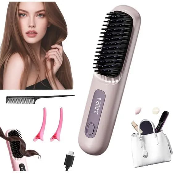 Go Brush Pro 2025 Alisador de Cabelo Sem Fio Portátil Mini Escova Quente para Estilização de Cabelo Recarregável Adequad