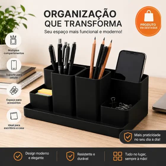 Porta Canetas | Suporte de Mesa para Canetas | Organizador de Mesa com Suporte para Celular | Escritório e Home Office