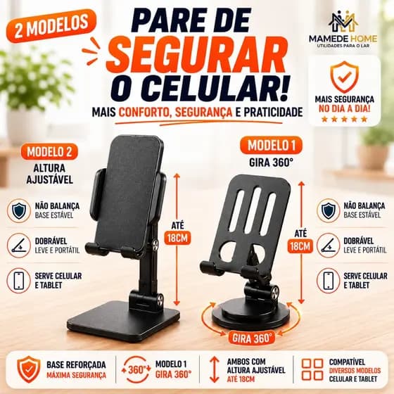Kit 2 Suporte Celular e Tablet Articulado Dobrável Reforçado Mesa Universal Premium Cores Sortidas