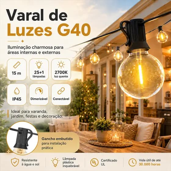 Cordão de Luzes G40 15M 25 LEDs Impermeável – Para Acampamento, Festa e Decoração de Natal