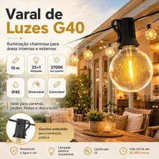 Cordão de Luzes G40 15M 25 LEDs Impermeável – Para Acampamento, Festa e Decoração de Natal