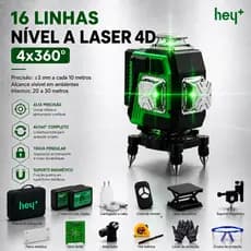 Nível a Laser 4D Verde 16 Linhas 4x360° Heyplus com Maleta, Controle Remoto e 2 Baterias Recarregáveis