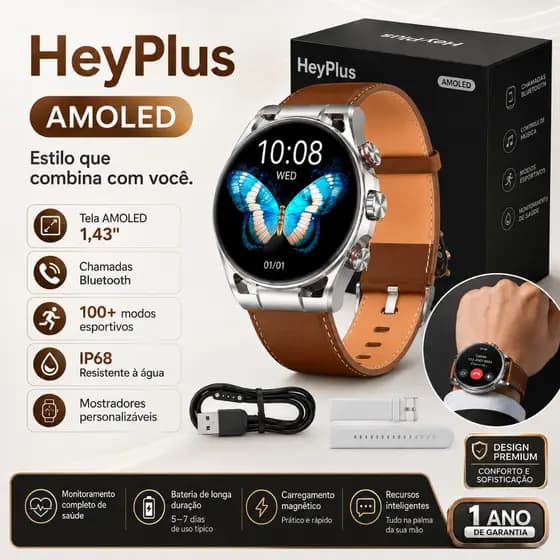 HEYPLUS GTR Smart Watch Bluetooth com Chamada e Modo Esportivo, IP67 Impermeável para Mulheres e Homens
