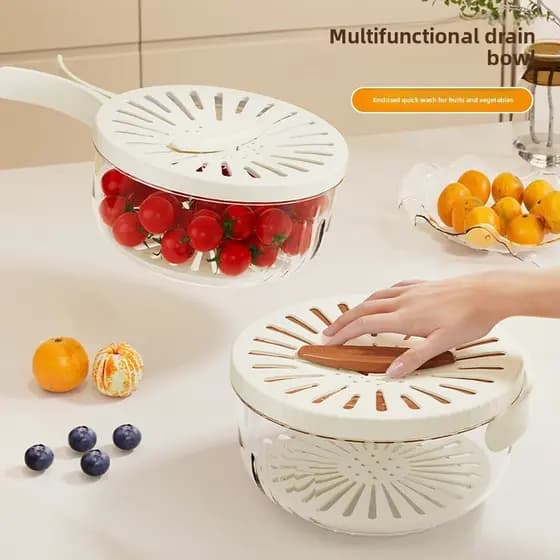 Cesta de drenagem dupla com tampa, cozinha doméstica, lavatório de vegetais, espessada, lavagem de frutas, geladeira, ca