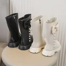 Botas Longas Para Meninas Outono Inverno Bebê Criança Princesa Academia De Cano Médio Sola Macia Respirável Bege Pretas
