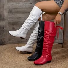 Botas Femininas De Salto Bloco Quadrado Com Laço – Altas Até O Joelho Da Moda Para Mulheres , Longas De Couro Sintético