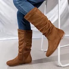 Botas Femininas Da Moda De Cor Sólida , Casuais De Cano Médio Com Zíper Lateral Minimalistas De Bico Redondo , Sapatos F